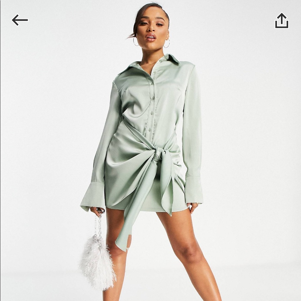 Aria Cove sage green silk shirt dress with tie waist NWT